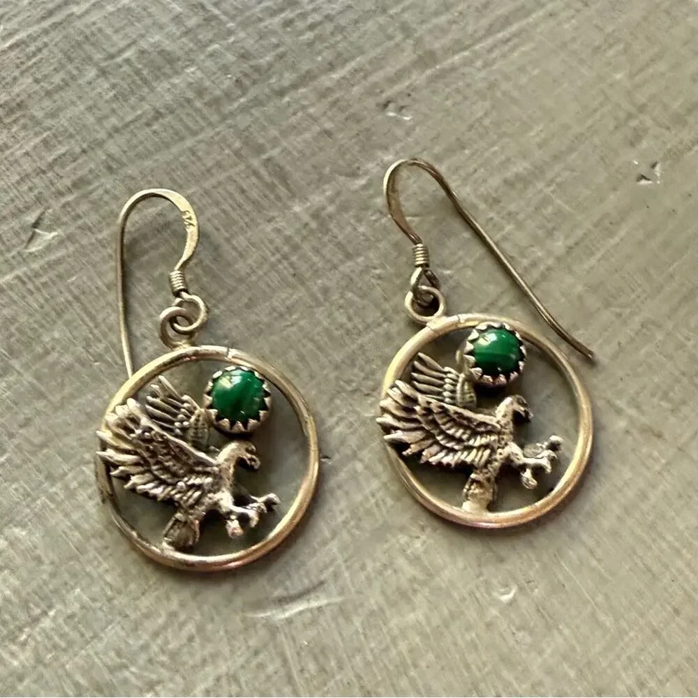 925 Sterling Silver Malachite Eagle Earrings - Picture 6 of 7